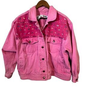 Women's Vintage Chaus Woman Southwestern Hot Pink Embroidered Jean Jacket